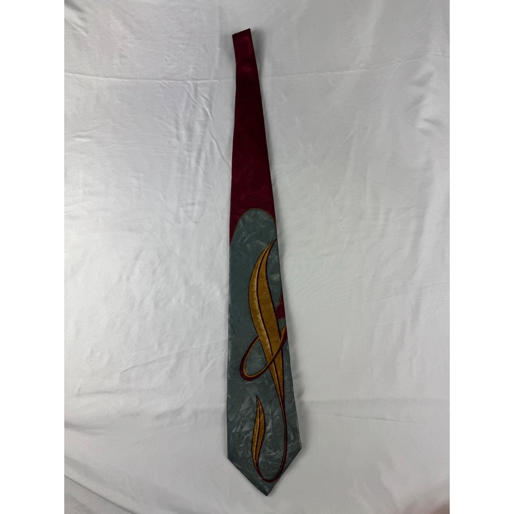 Mens Gray Gold Red Abstract Design Silk Necktie